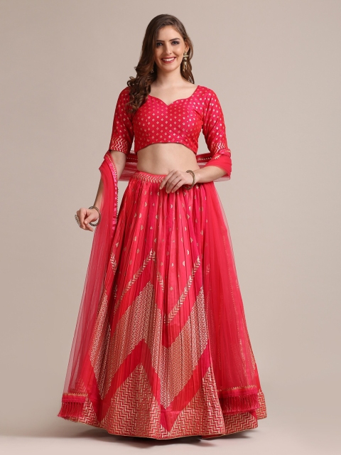 

Warthy Ent Pink & Gold-Toned Semi-Stitched Lehenga & Unstitched Blouse With Dupatta