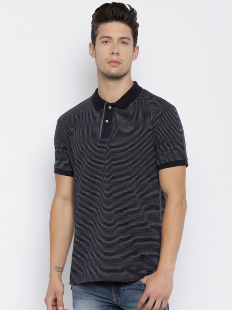 

Flying Machine Men Navy Blue Striped Polo Collar T-shirt