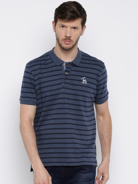 

Flying Machine Men Navy Blue Striped Polo Collar T-shirt