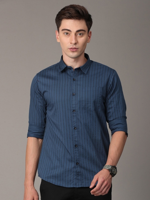 

Huggun Men Navy Blue Premium Slim Fit Striped Casual Shirt