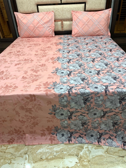 

Pure Decor Peach & Grey Floral 400 TC Cotton King Bedsheet with 2 Pillow Covers