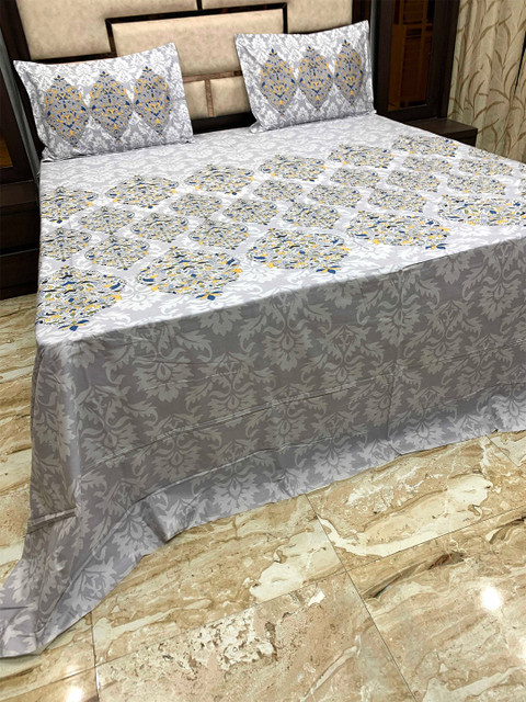 

Pure Decor Grey & Yellow Ethnic Motifs 400 TC Pure Cotton King Bedsheet with 2 Pillow Covers