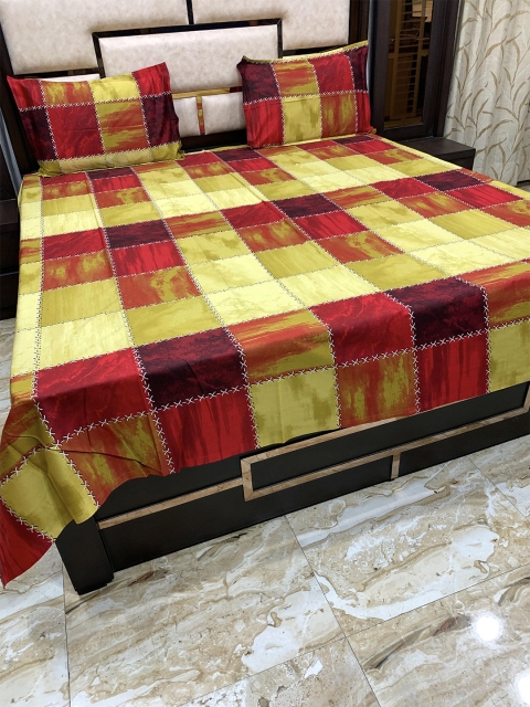 

Pure Decor Red & Yellow Geometric 400 TC Queen Bedsheet with 2 Pillow Covers