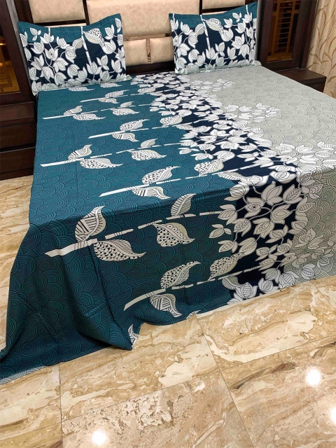 

Pure Decor Green & White Floral 400 TC King Cotton Bedsheet with 2 Pillow Covers