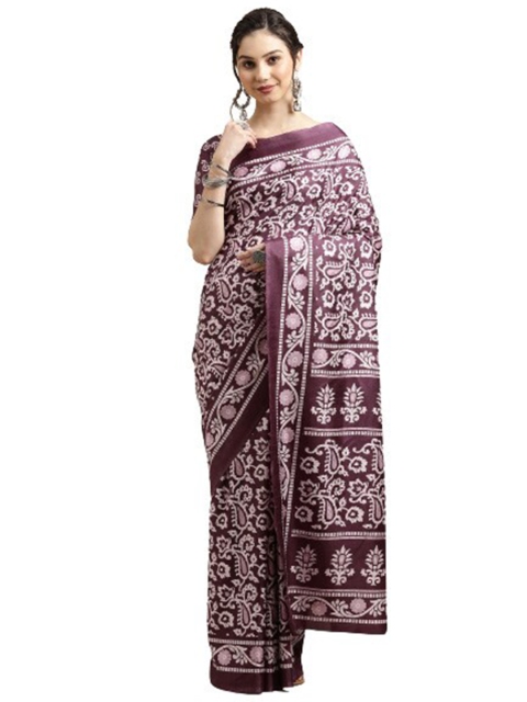 

KALINI Purple & White Floral Printed Art Silk Saree