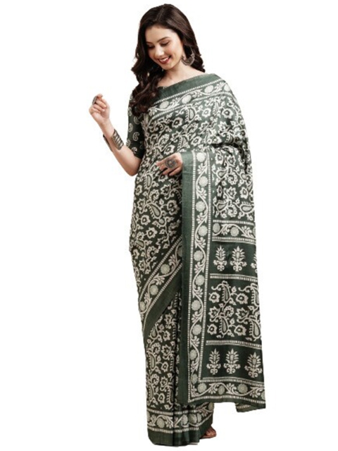 

KALINI Olive Green & White Floral Printed Art Silk Saree
