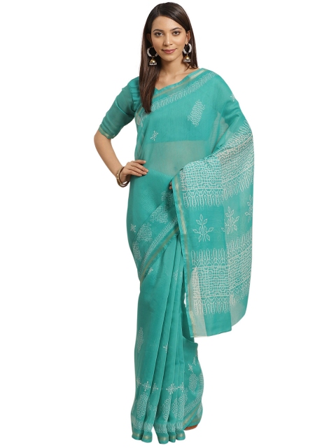 

KALINI Sea Green & White Printed Silk Blend Saree