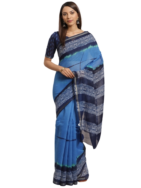 

KALINI Blue & White Printed Silk Blend Saree