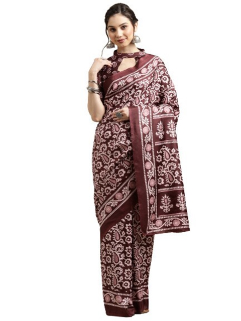 

KALINI Brown & White Floral Printed Art Silk Saree