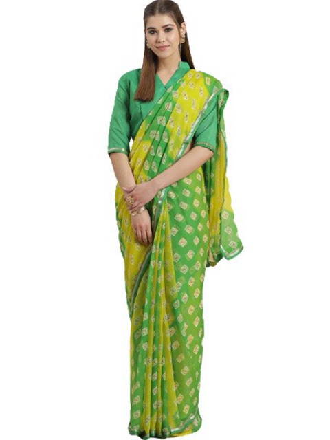 

KALINI Green & Yellow Printed Pure Chiffon Saree