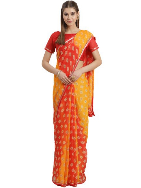 

KALINI Orange & Pink Bandhani Pure Chiffon Saree