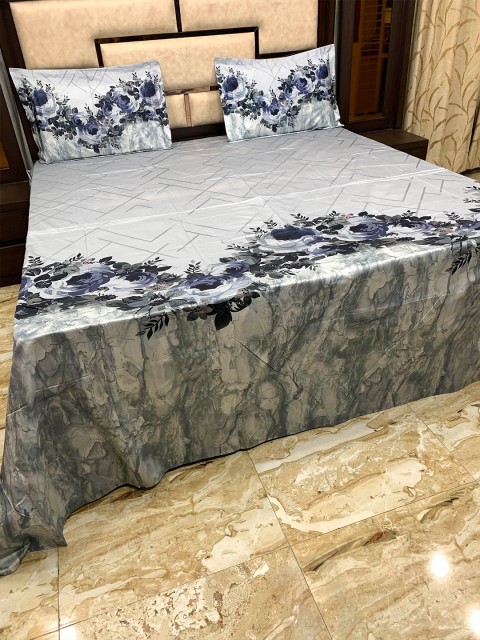 

Pure Decor Grey & Navy Blue Floral King Pure Cotton Bedsheet with 2 Pillow Covers