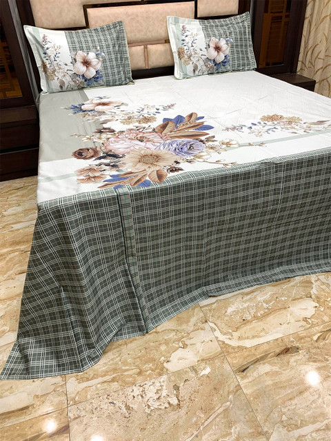 

Pure Decor Green & Blue Floral King Pure Cotton Bedsheet with 2 Pillow Covers