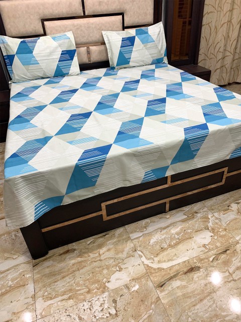 

Pure Decor Blue & White Geometric 300 TC Set Of 2 Pure Cotton Queen Bedsheet with 2 Pillow Covers