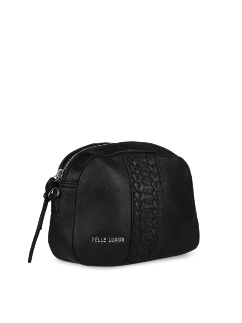 

PELLE LUXUR Black Textured Leather Structured Sling Bag with Quilted