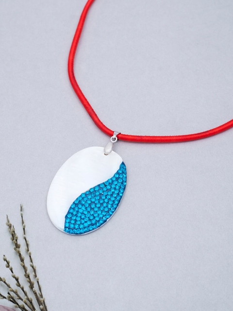 

Golden Peacock Blue Artificial Stone Studded Oval Shell Pendant with Nylon Cord