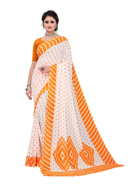 

Yashika Orange & White Geometric Printed Saree