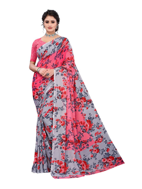 

Yashika Peach-Coloured & Grey Floral Printed Poly-Georgette Saree