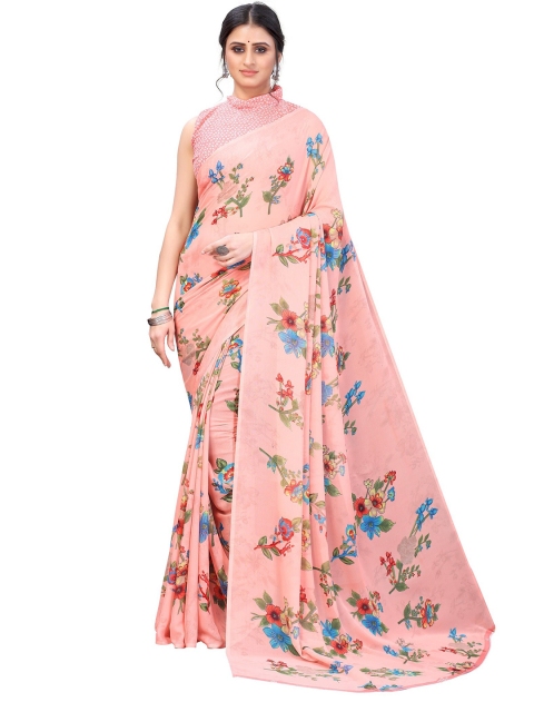 

Yashika Peach-Coloured & Blue Floral Georgette Printed Saree