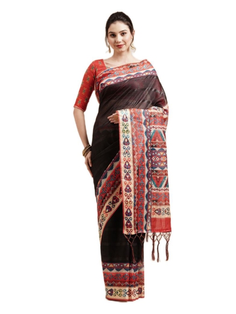 

KALINI Black & White Striped Linen Blend Saree