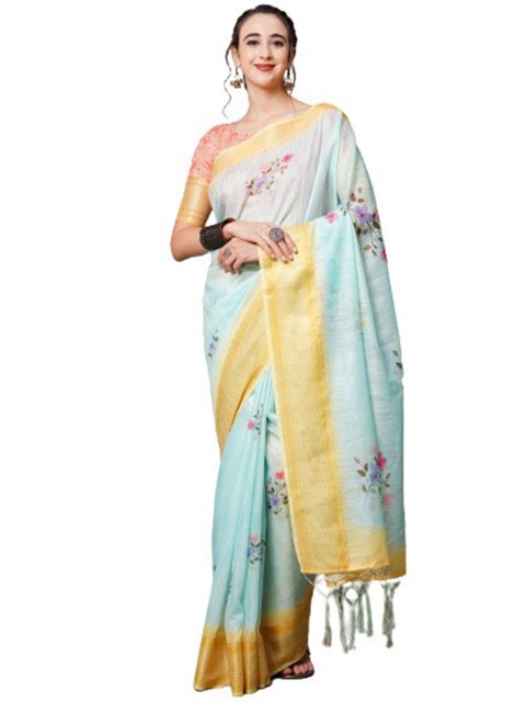 

KALINI Blue & Mustard Floral Printed Linen Blend Saree