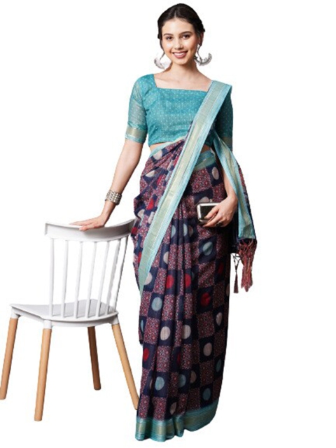 

KALINI Navy Blue & Red Floral Linen Blend Saree