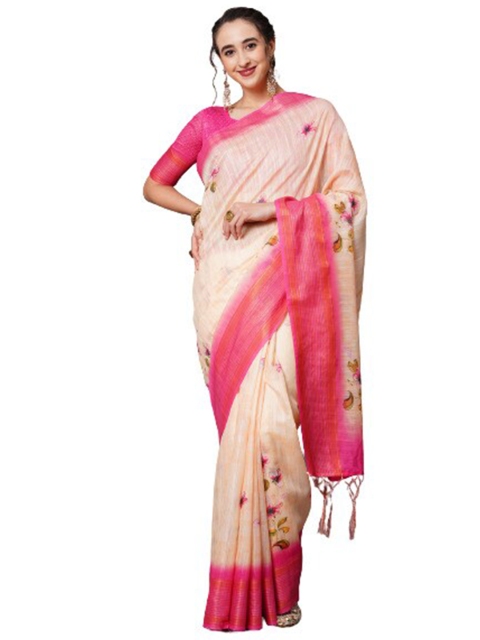 

KALINI Peach-Coloured & Green Floral Linen Blend Ready to Wear Saree