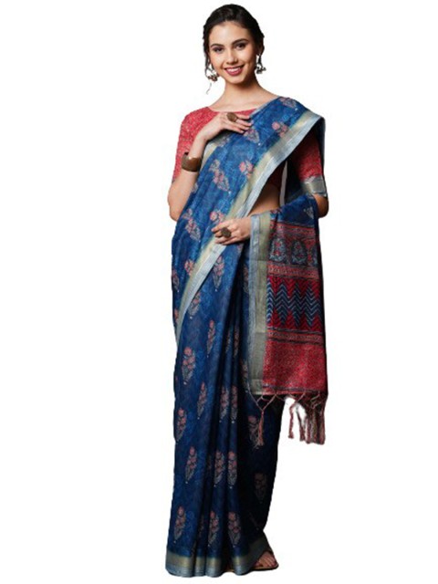 

KALINI Navy Blue & Rose Gold Floral Linen Blend Saree