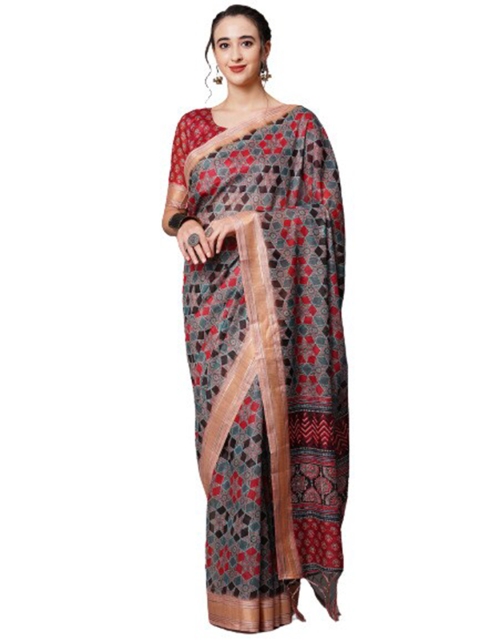 

KALINI Grey & Navy Blue Geometric Printed Linen Blend Ready to Wear Saree