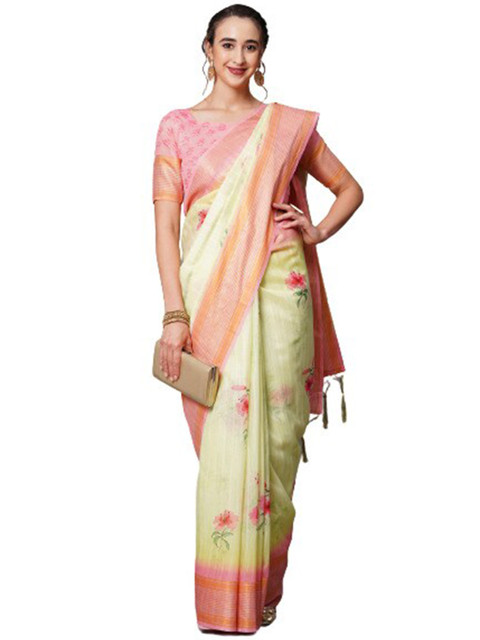 

KALINI Green & Pink Floral Printed Linen Blend Saree