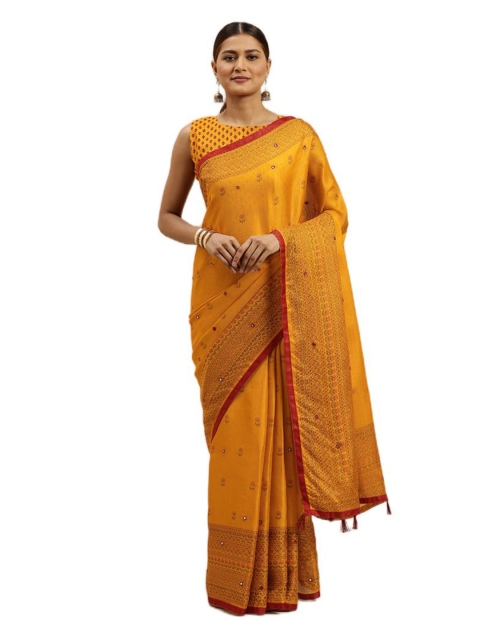 

KALINI Mustard & Red Floral Jute Silk Saree