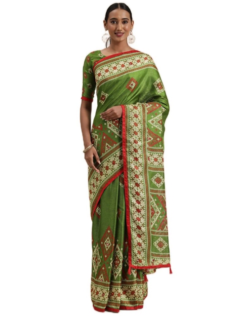 

KALINI Green & Red Woven Design Jute Silk Ready to Wear Saree
