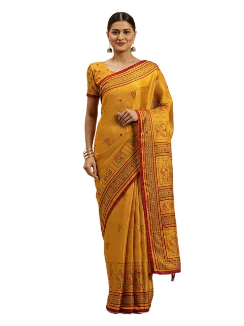 

KALINI Mustard & Maroon Floral Mirror Work Jute Silk Saree