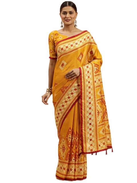 

KALINI Mustard Yellow & Maroon Jute Silk Ready to Wear Saree