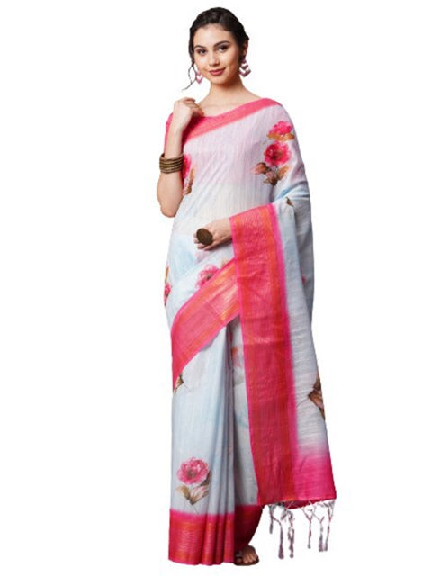 

KALINI Blue & Pink Floral Printed Linen Blend Saree