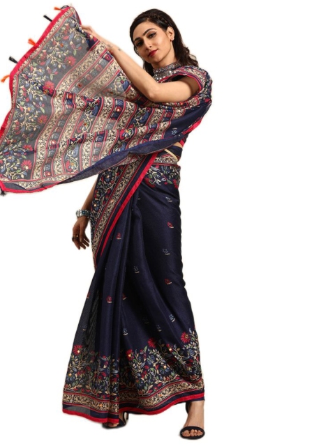 

KALINI Navy Blue & Pink Jute Silk Ready to Wear Saree