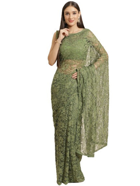 

KALINI Green & White Woven Design Net Saree