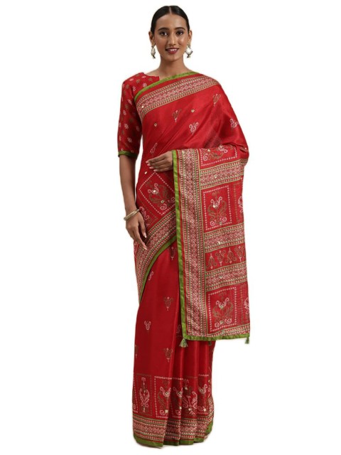 

KALINI Red & Gold-Toned Ethnic Motifs Jute Silk Saree