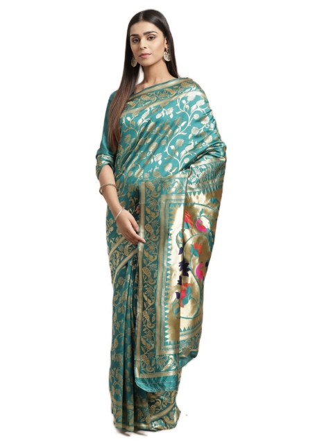 

KALINI Teal & Silver-Toned Floral Silk Blend Saree