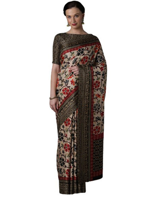 

KALINI Beige & Maroon Floral Art Silk Ready to Wear Saree