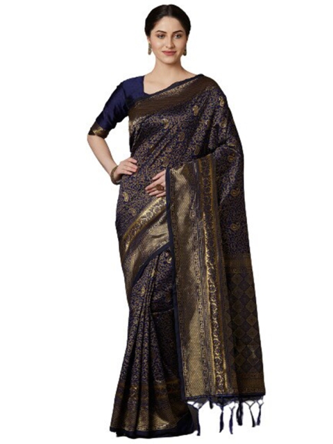 

KALINI Navy Blue & Gold-Toned Ethnic Motifs Silk Blend Saree