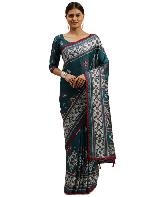 

KALINI Teal & Grey Ethnic Motifs Jute Silk Saree