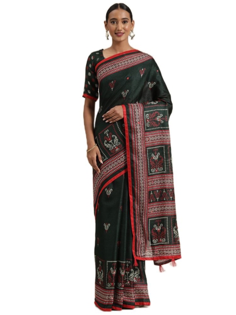 

KALINI Green & Red Woven Design Jute Silk Ready to Wear Saree