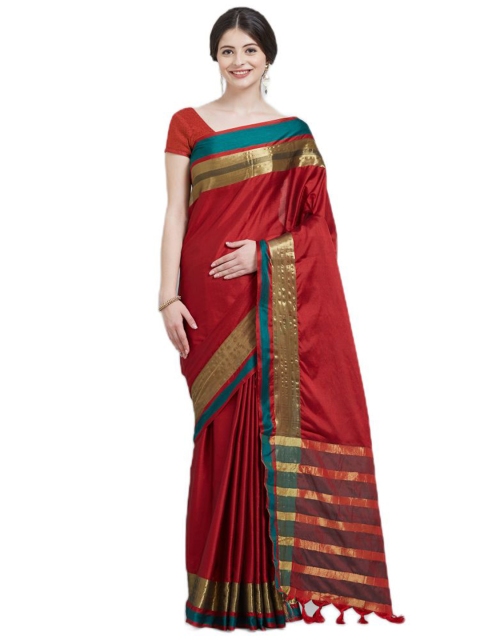 

KALINI Maroon & Gold-Toned Silk Cotton Solid Saree
