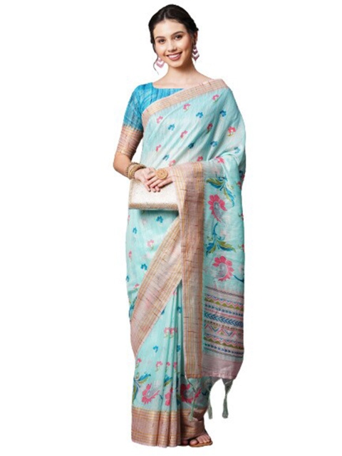 

KALINI Blue & Pink Floral Linen Blend Saree