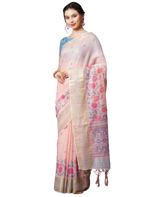 

KALINI Peach-Coloured & Lavender Floral Linen Blend Saree
