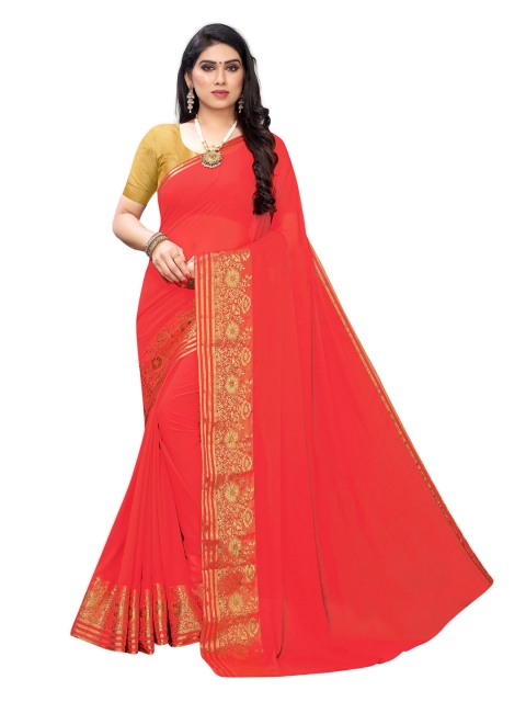 

KALINI Peach-Coloured & Gold-Toned Woven Design Pure Chiffon Ready to Wear Saree