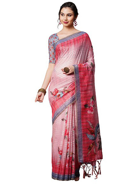 

KALINI Pink & Grey Floral Printed Linen Blend Saree