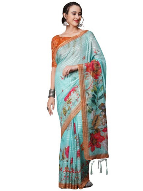 

KALINI Blue & Red Floral Printed Linen Blend Saree