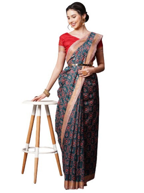 

KALINI Teal & Pink Ethnic Motifs Printed Linen Blend Saree